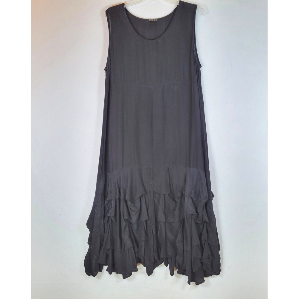 Grizas Womens Bamboo Silk Ruffle Tiered Lagenlook Midi Dress Size Large Black